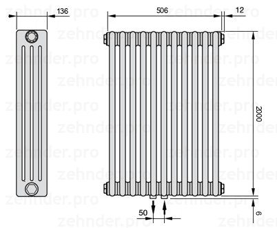 Схема (чертеж) Радиатор Zehnder Charleston 4200/11 №5410 Белый глянцевый RAL 9016